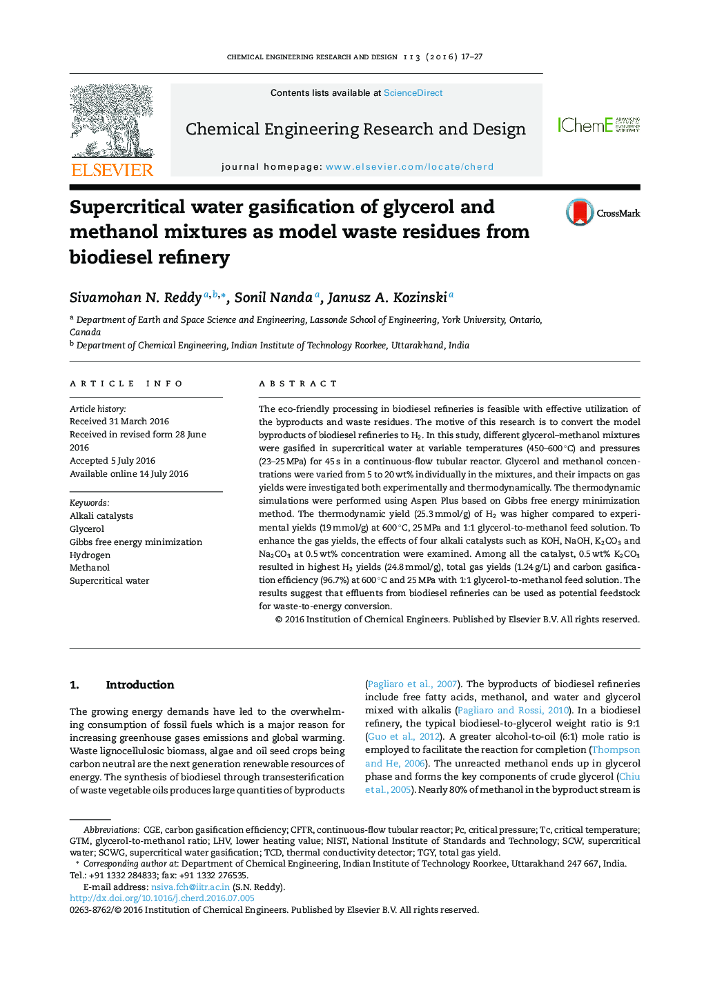 Supercritical water gasification of glycerol and methanol mixtures as model waste residues from biodiesel refinery