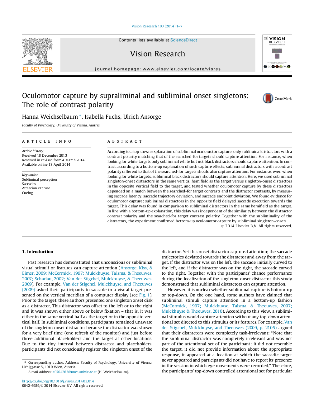 Oculomotor capture by supraliminal and subliminal onset singletons: The role of contrast polarity