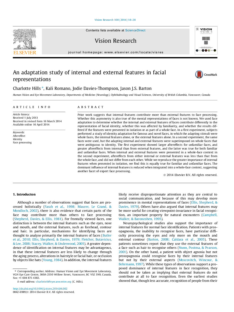 An adaptation study of internal and external features in facial representations