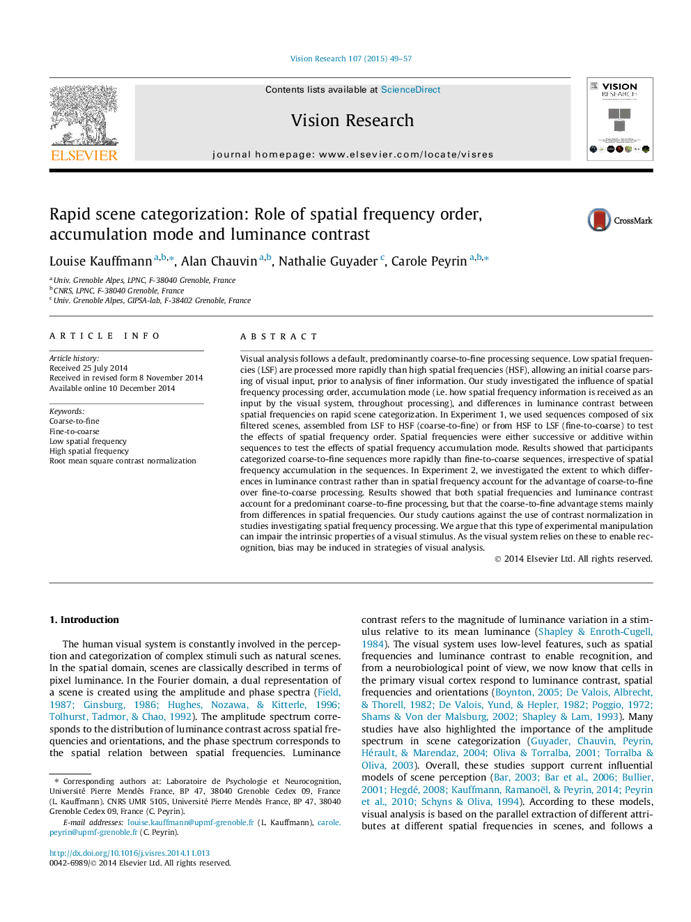 Rapid scene categorization: Role of spatial frequency order, accumulation mode and luminance contrast