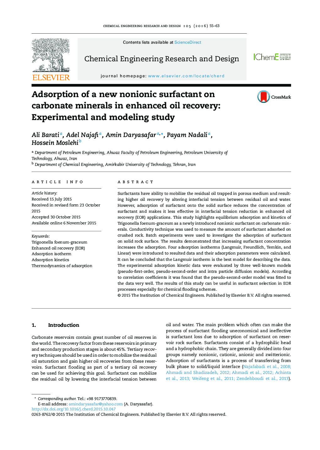 Adsorption of a new nonionic surfactant on carbonate minerals in enhanced oil recovery: Experimental and modeling study