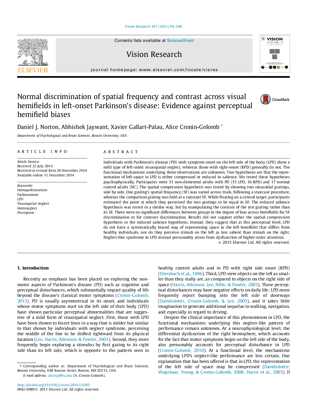 Normal discrimination of spatial frequency and contrast across visual hemifields in left-onset Parkinson's disease: Evidence against perceptual hemifield biases