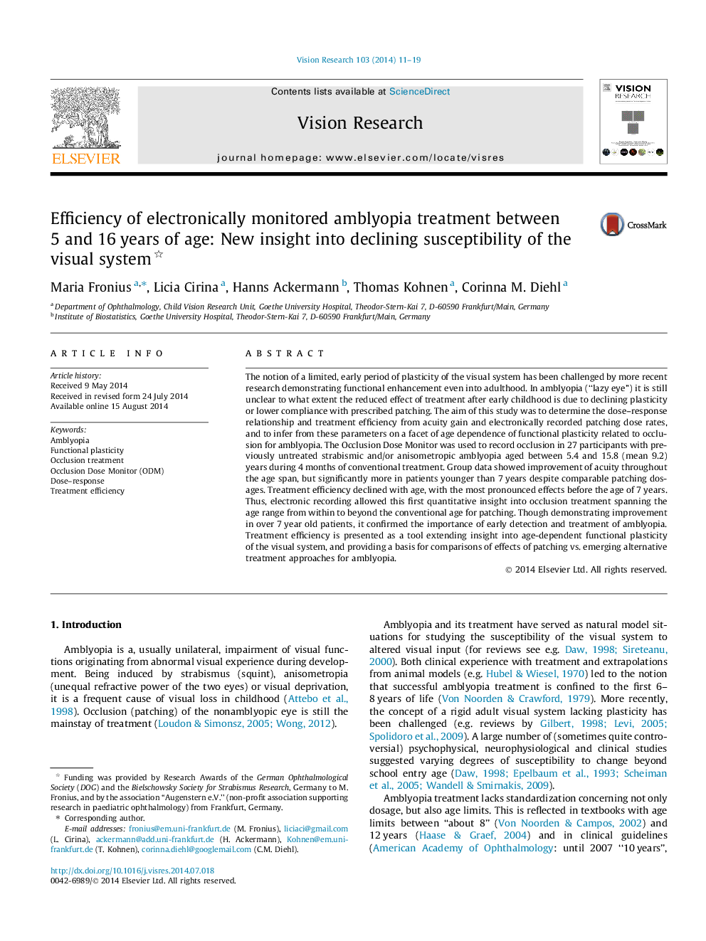 Efficiency of electronically monitored amblyopia treatment between 5 and 16 years of age: New insight into declining susceptibility of the visual system