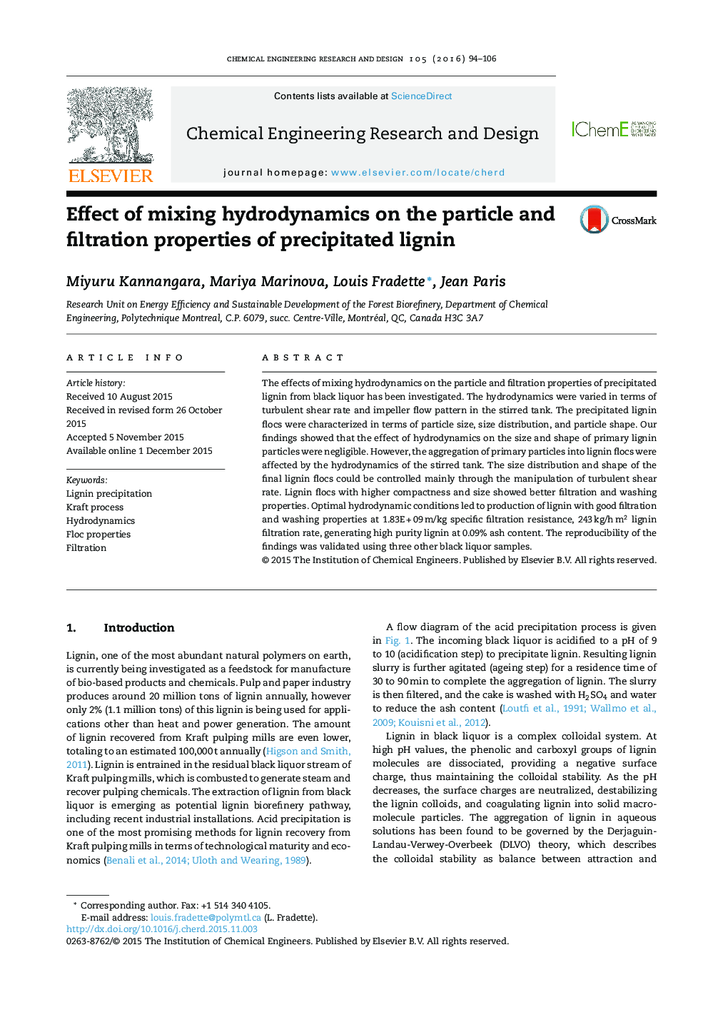 Effect of mixing hydrodynamics on the particle and filtration properties of precipitated lignin