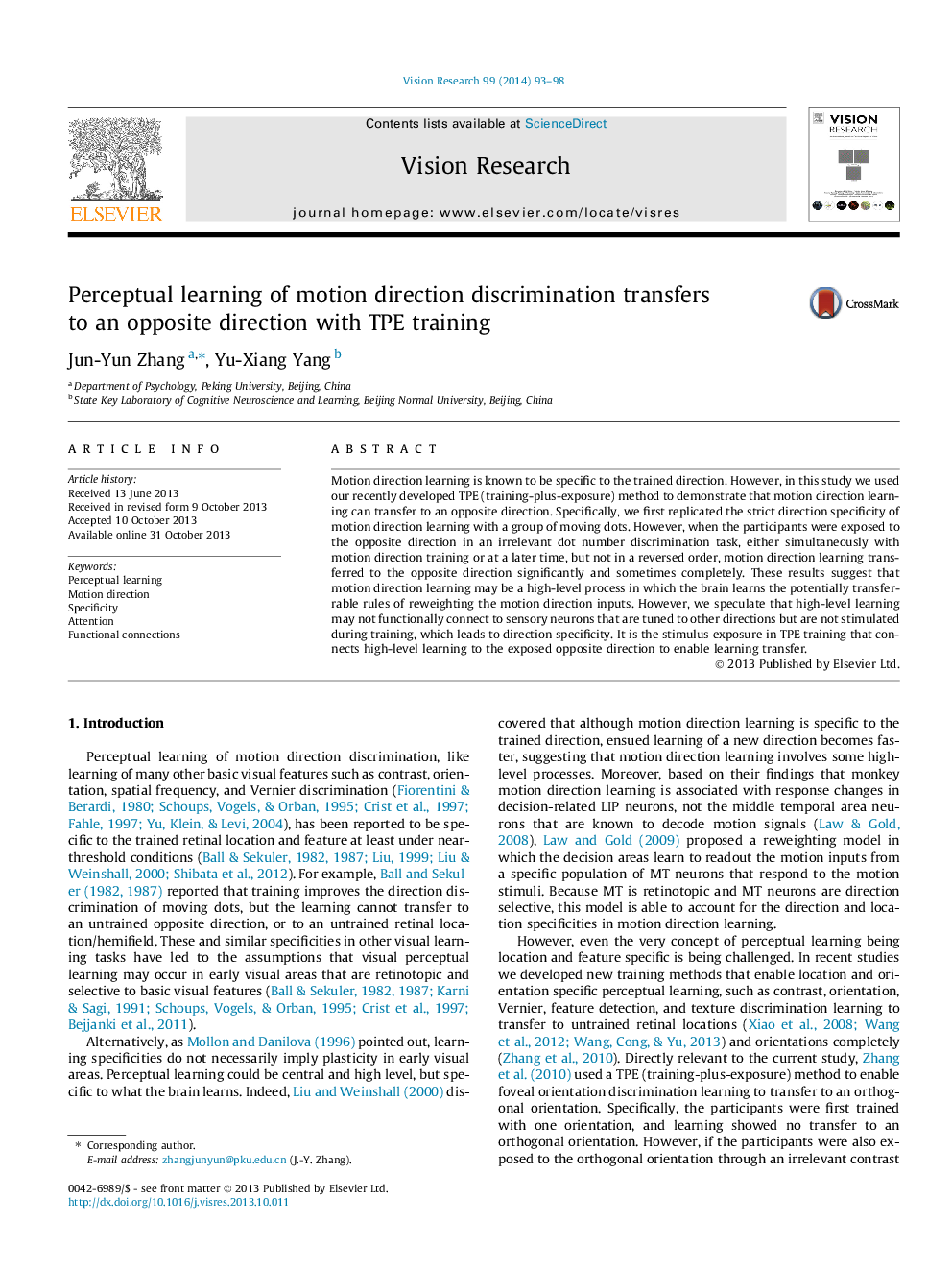 Perceptual learning of motion direction discrimination transfers to an opposite direction with TPE training