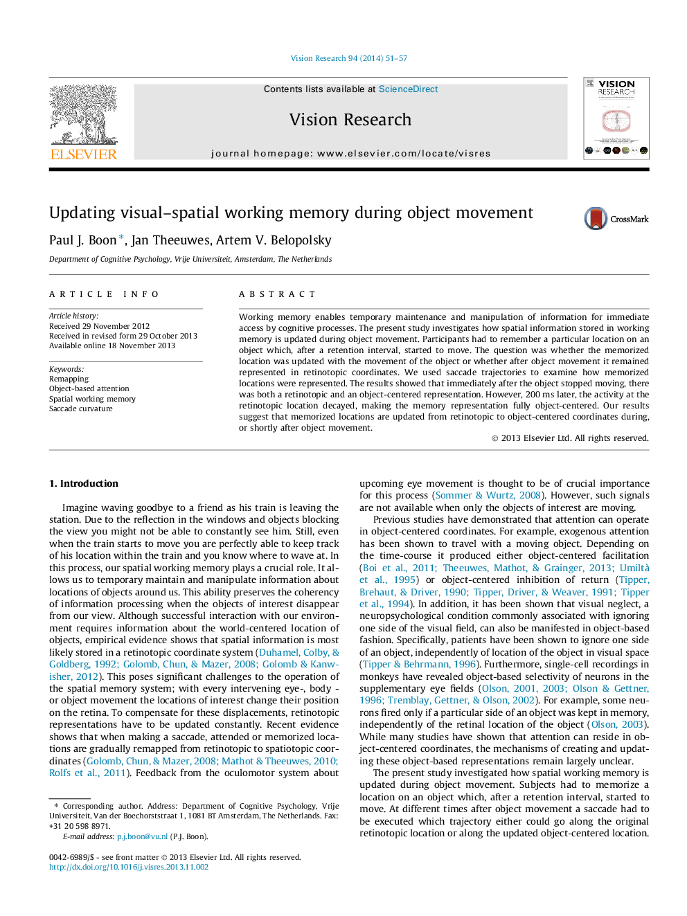 Updating visual-spatial working memory during object movement