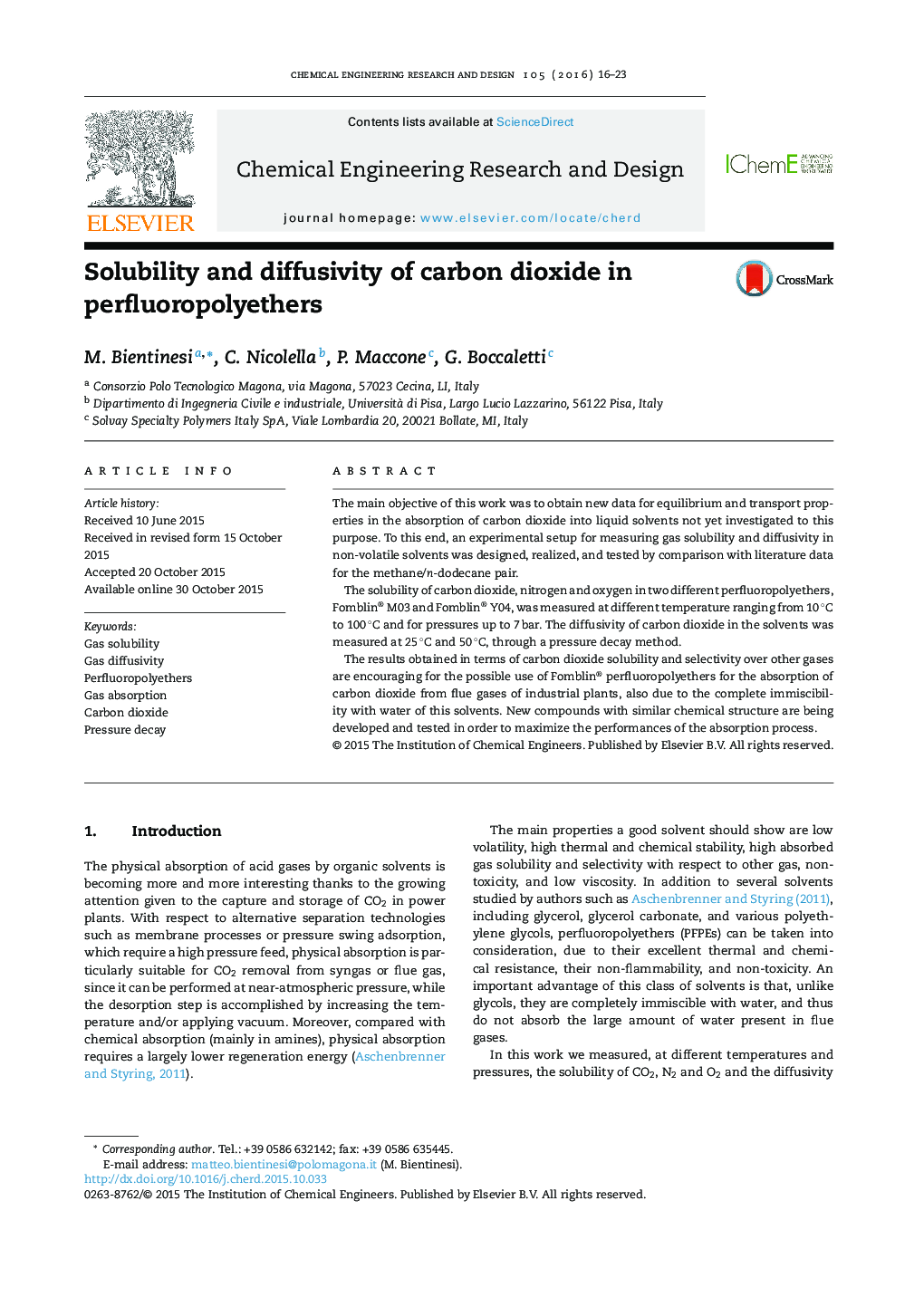 Solubility and diffusivity of carbon dioxide in perfluoropolyethers