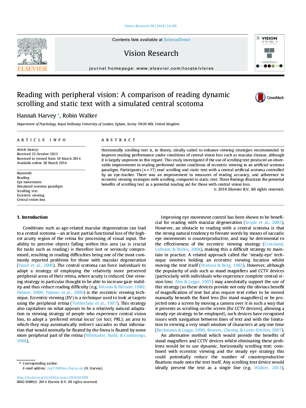 Reading with peripheral vision: A comparison of reading dynamic scrolling and static text with a simulated central scotoma