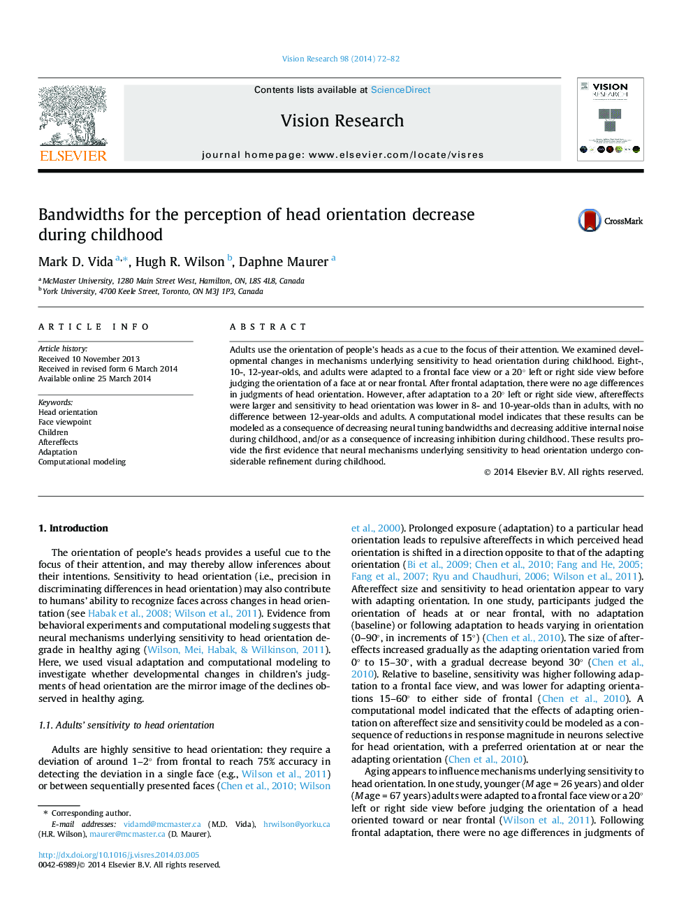 Bandwidths for the perception of head orientation decrease during childhood