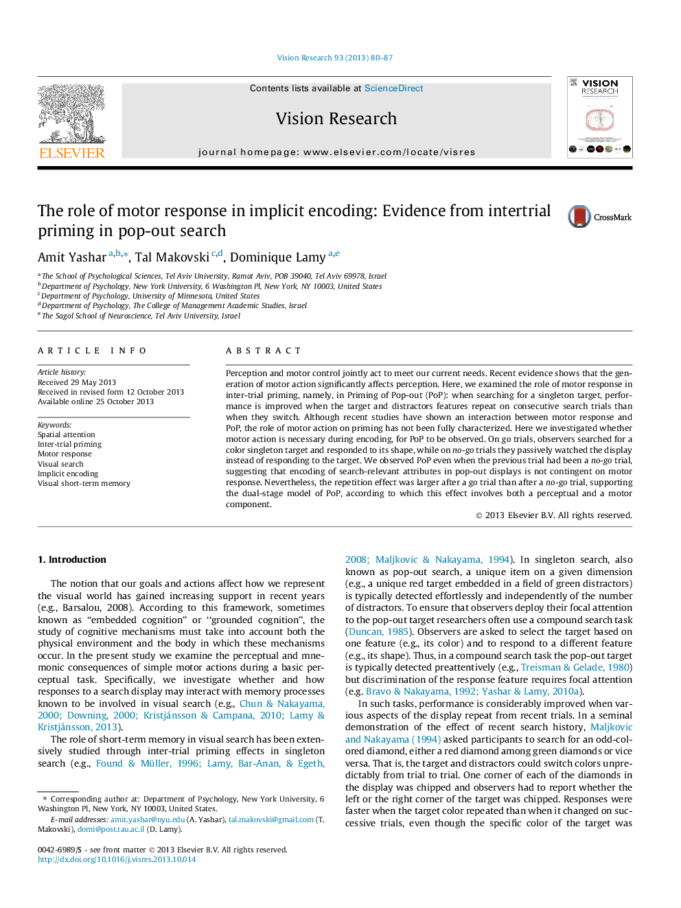 The role of motor response in implicit encoding: Evidence from intertrial priming in pop-out search