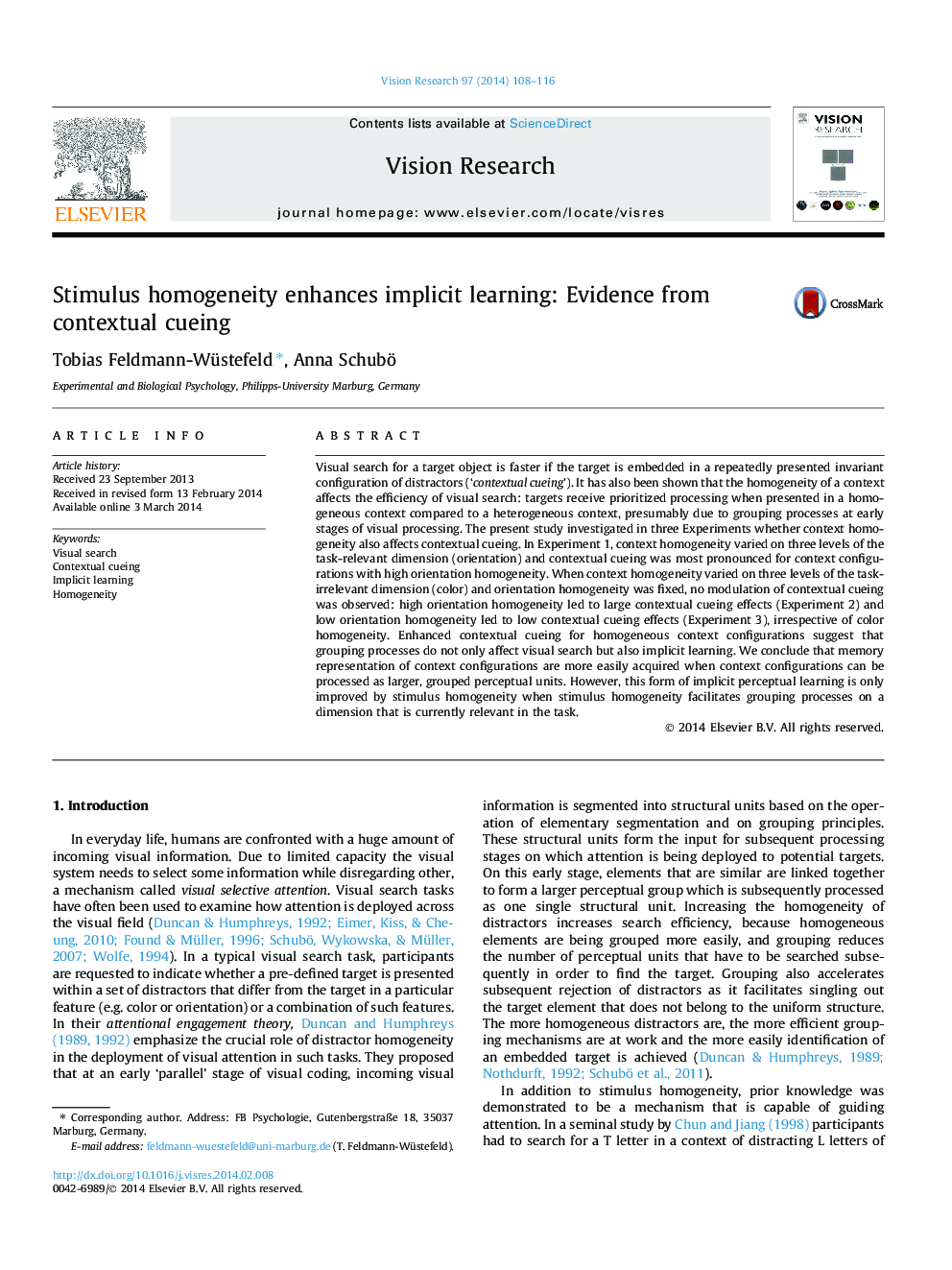 Stimulus homogeneity enhances implicit learning: Evidence from contextual cueing