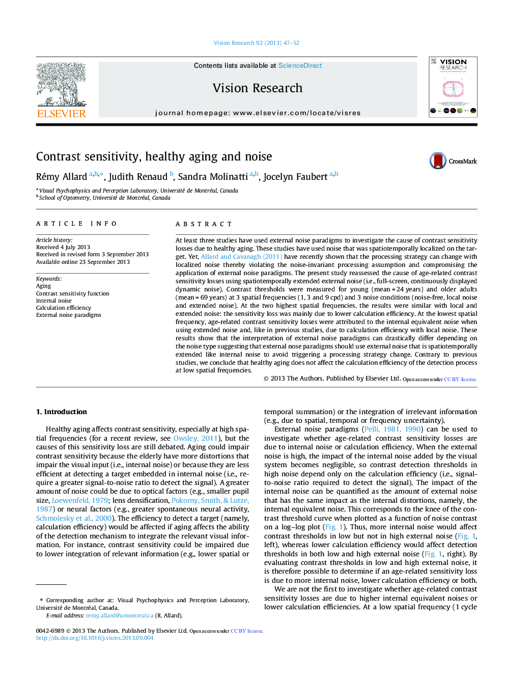 Contrast sensitivity, healthy aging and noise