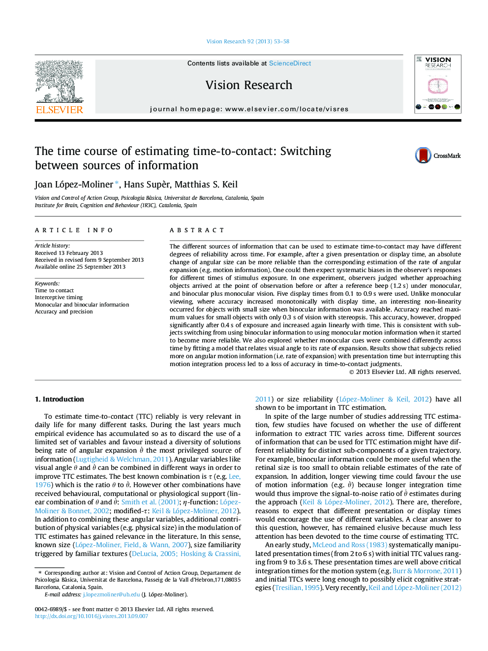 The time course of estimating time-to-contact: Switching between sources of information