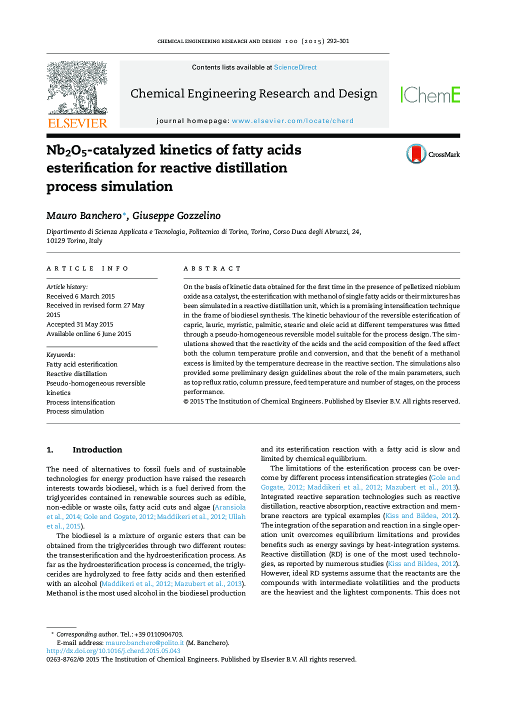 Nb2O5-catalyzed kinetics of fatty acids esterification for reactive distillation process simulation