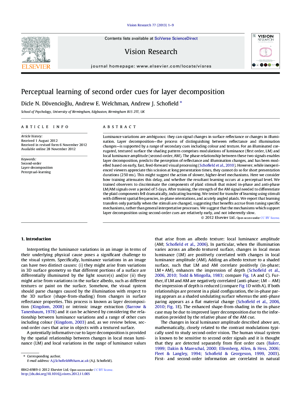 Perceptual learning of second order cues for layer decomposition