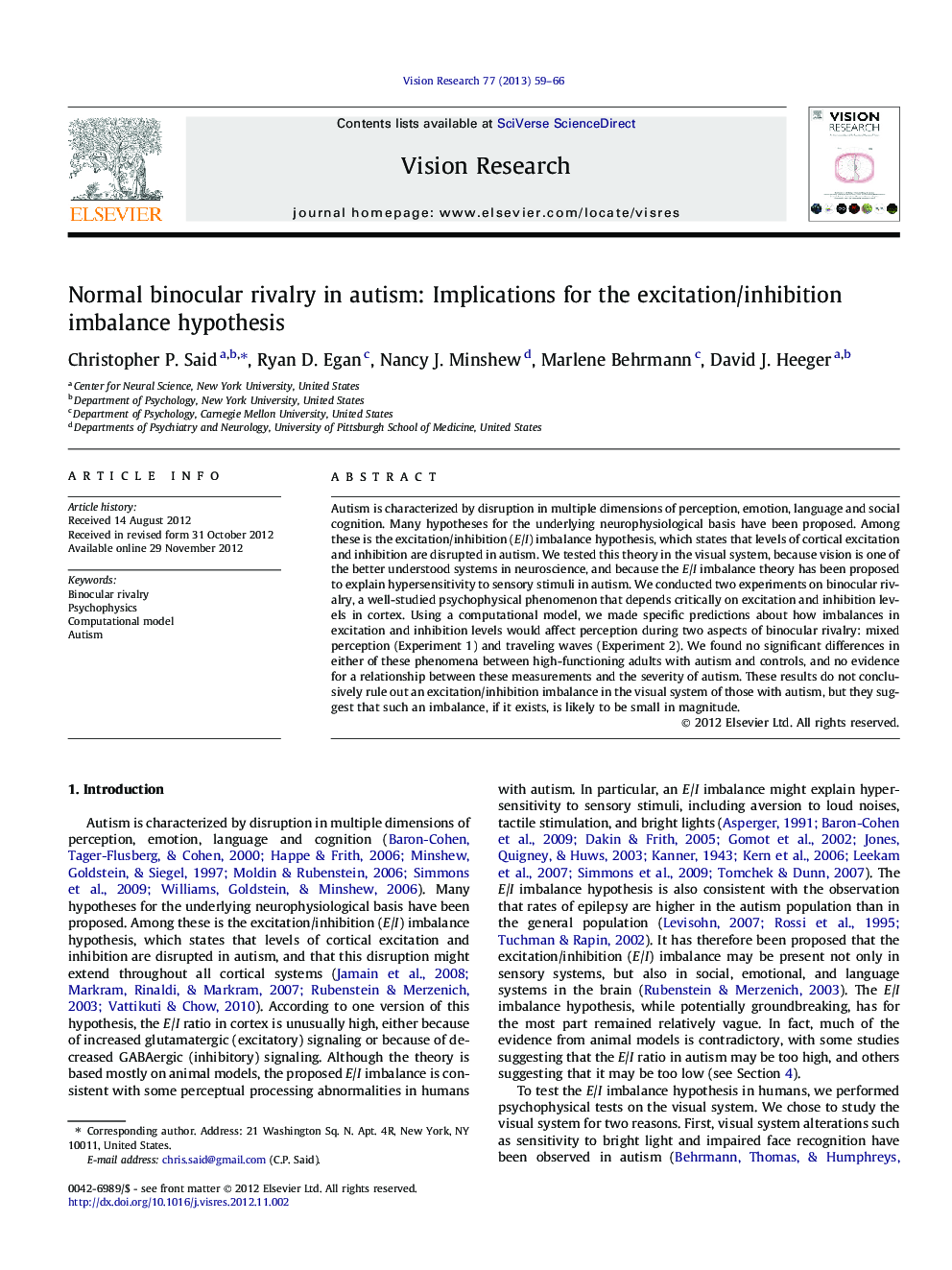 Normal binocular rivalry in autism: Implications for the excitation/inhibition imbalance hypothesis