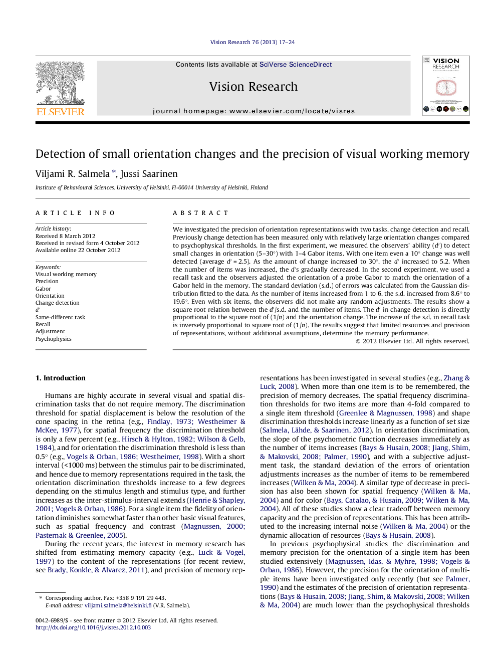 Detection of small orientation changes and the precision of visual working memory