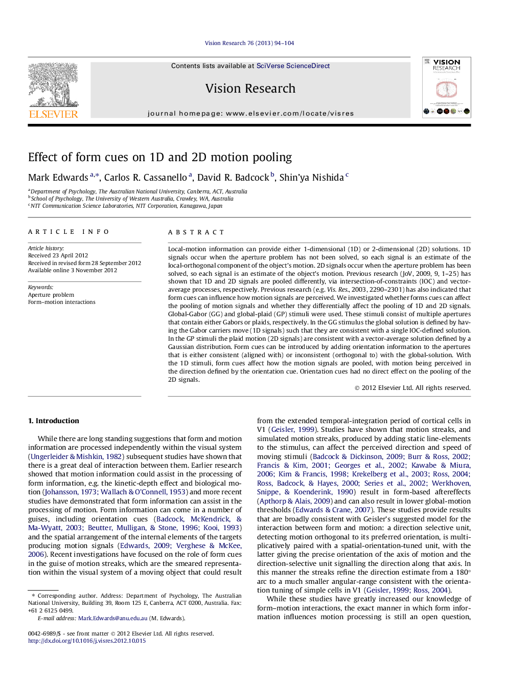 Effect of form cues on 1D and 2D motion pooling