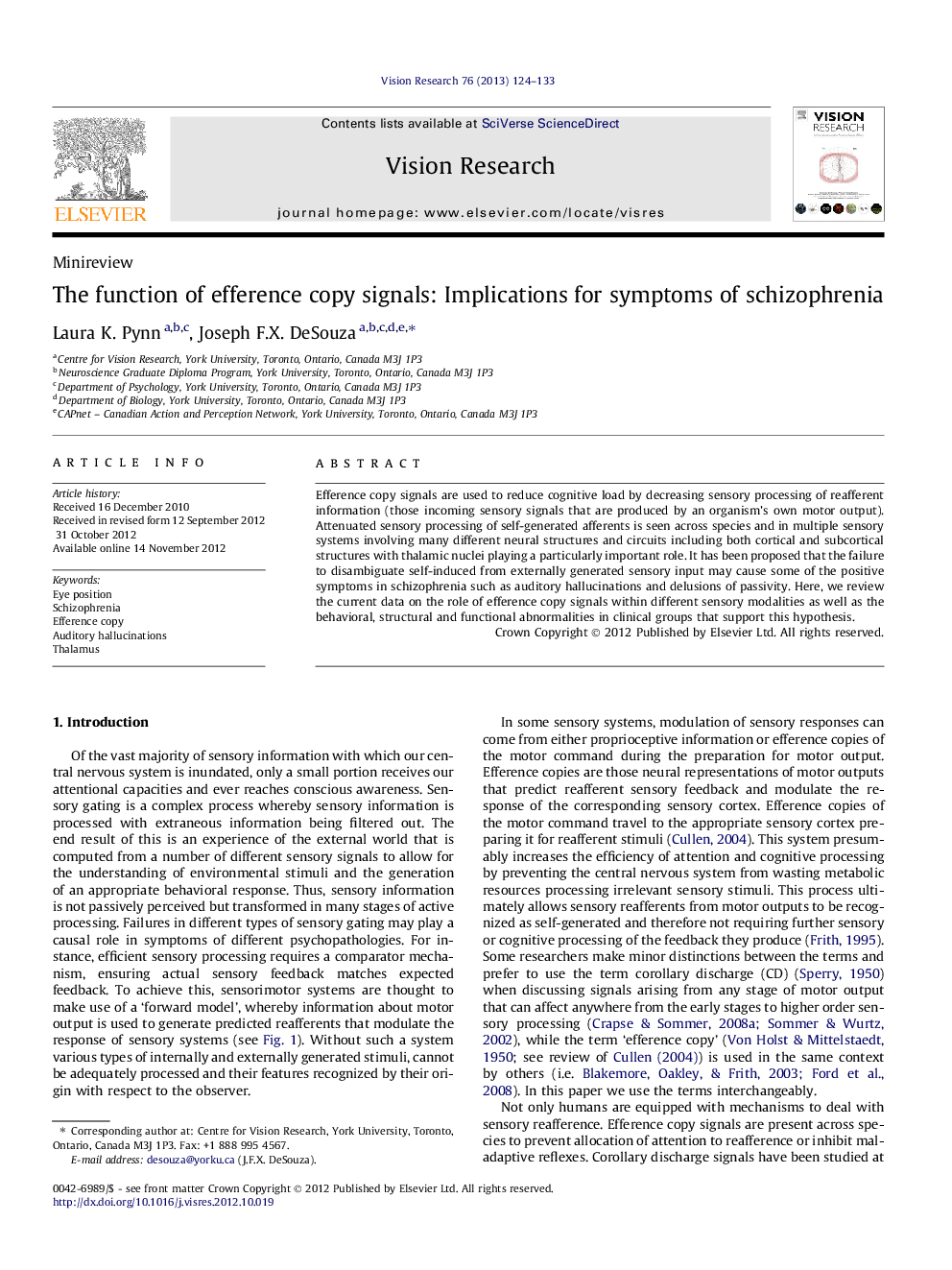 The function of efference copy signals: Implications for symptoms of schizophrenia