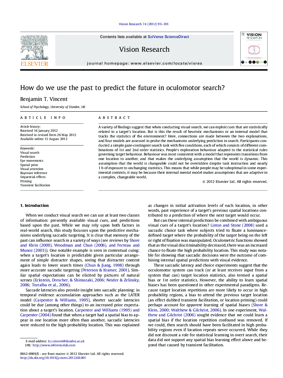 How do we use the past to predict the future in oculomotor search?