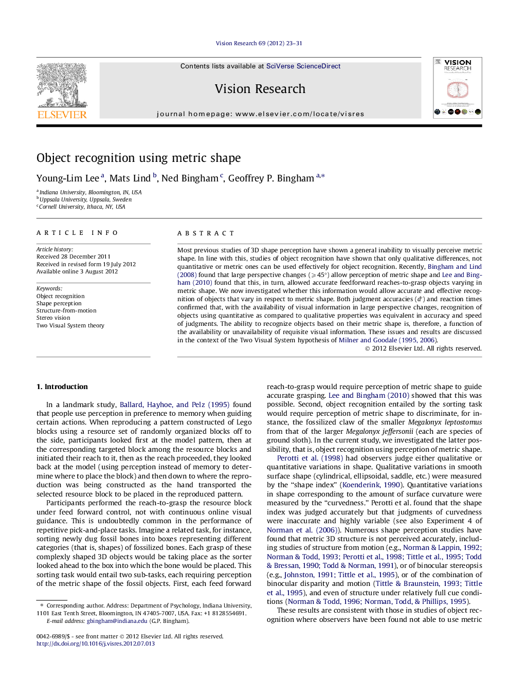 Object recognition using metric shape