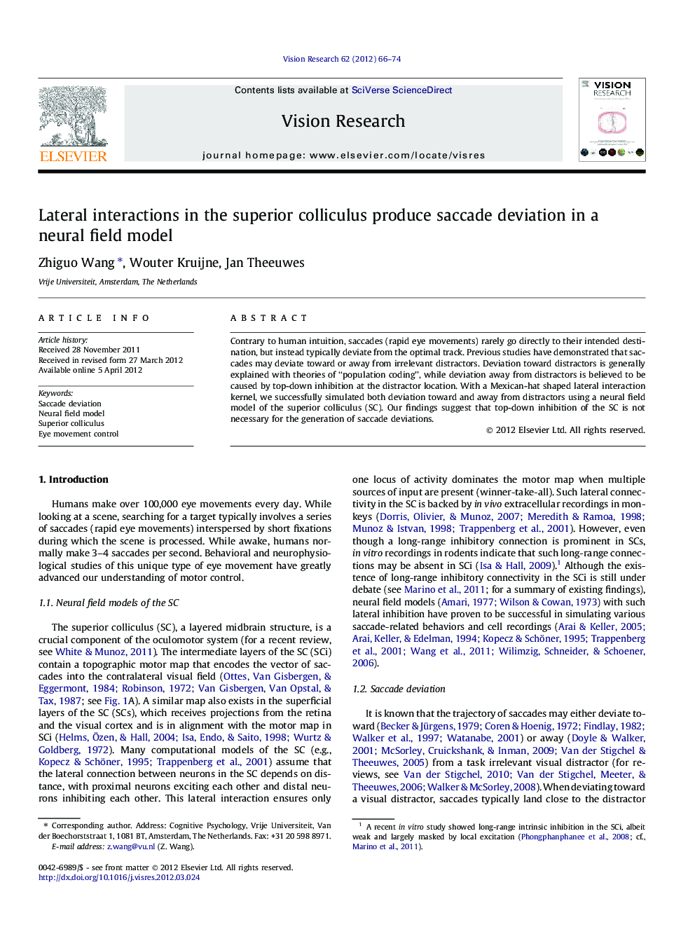 Lateral interactions in the superior colliculus produce saccade deviation in a neural field model