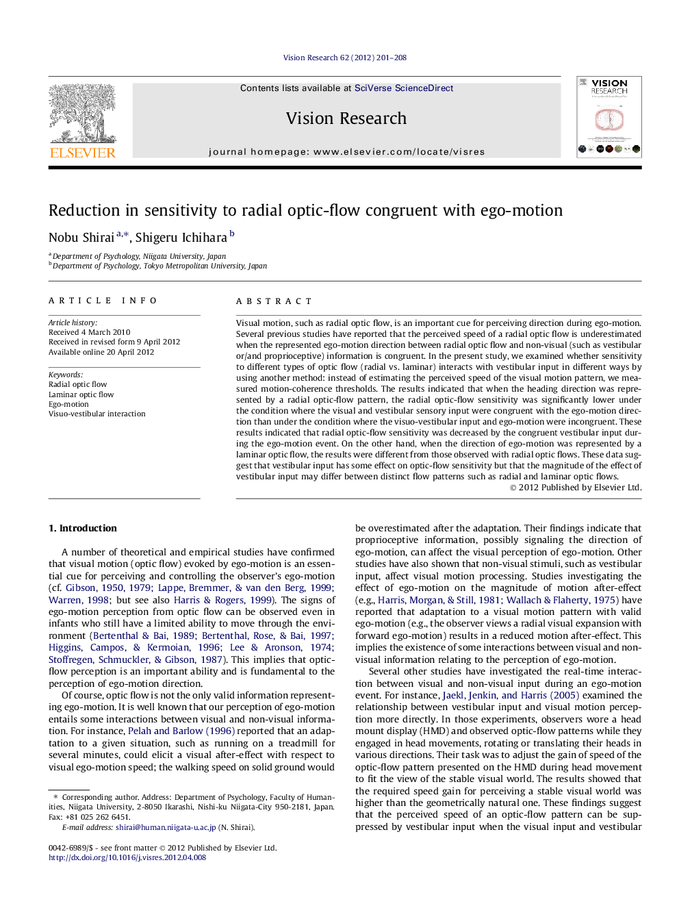 Reduction in sensitivity to radial optic-flow congruent with ego-motion