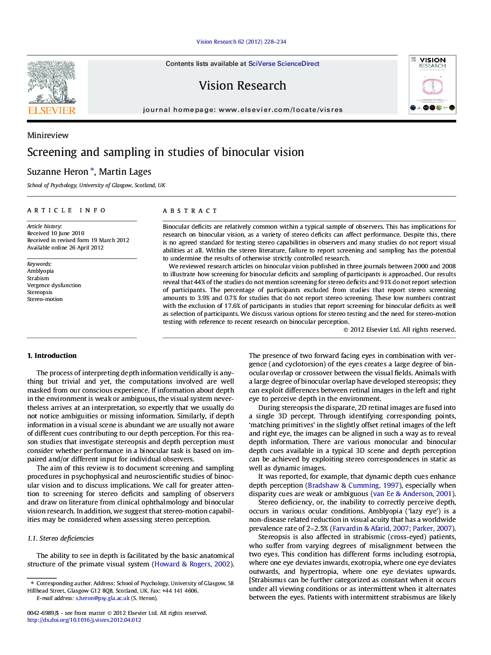 Screening and sampling in studies of binocular vision