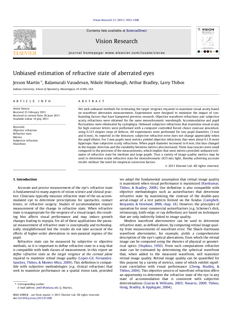 Unbiased estimation of refractive state of aberrated eyes