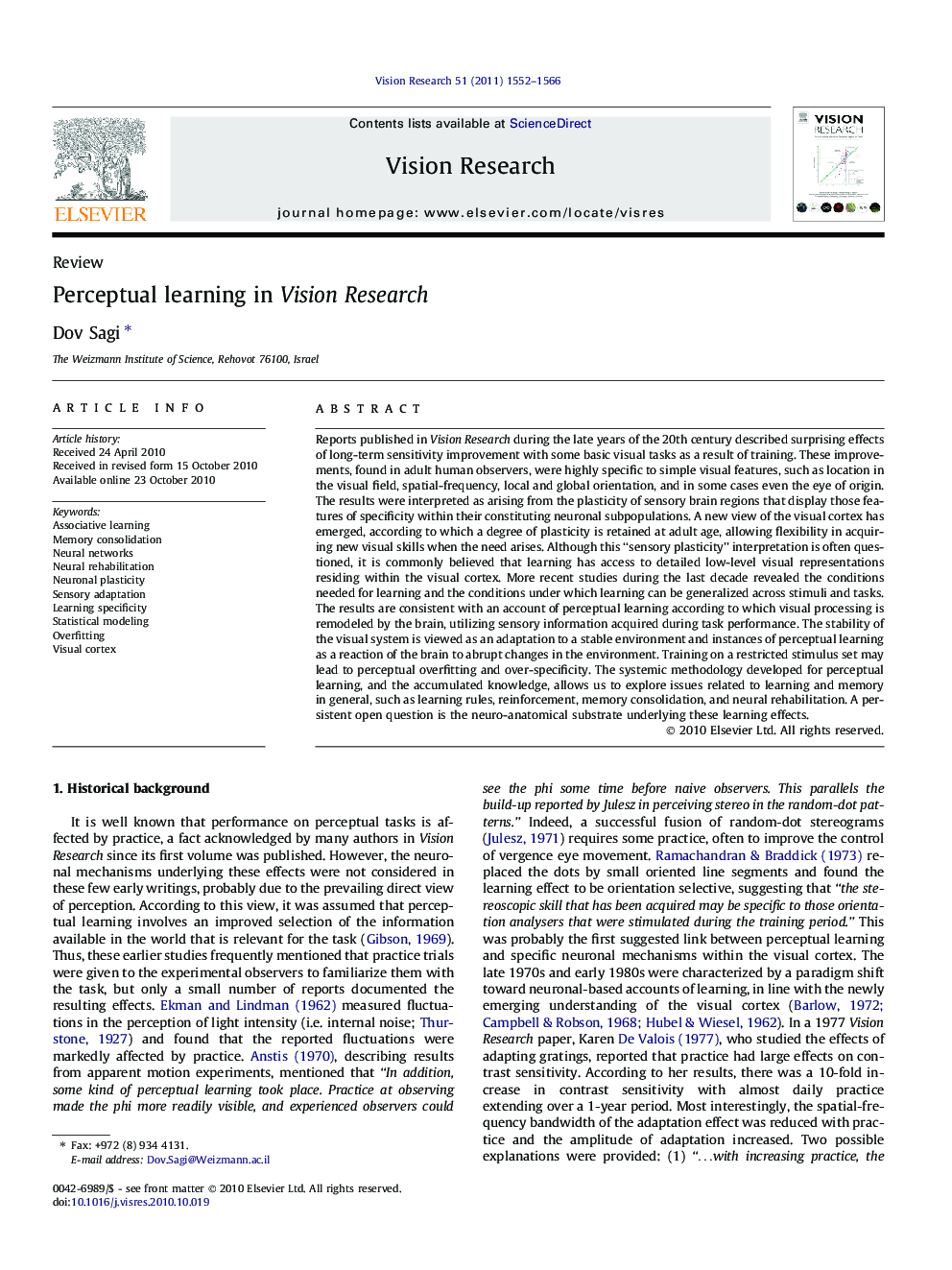 Perceptual learning in Vision Research