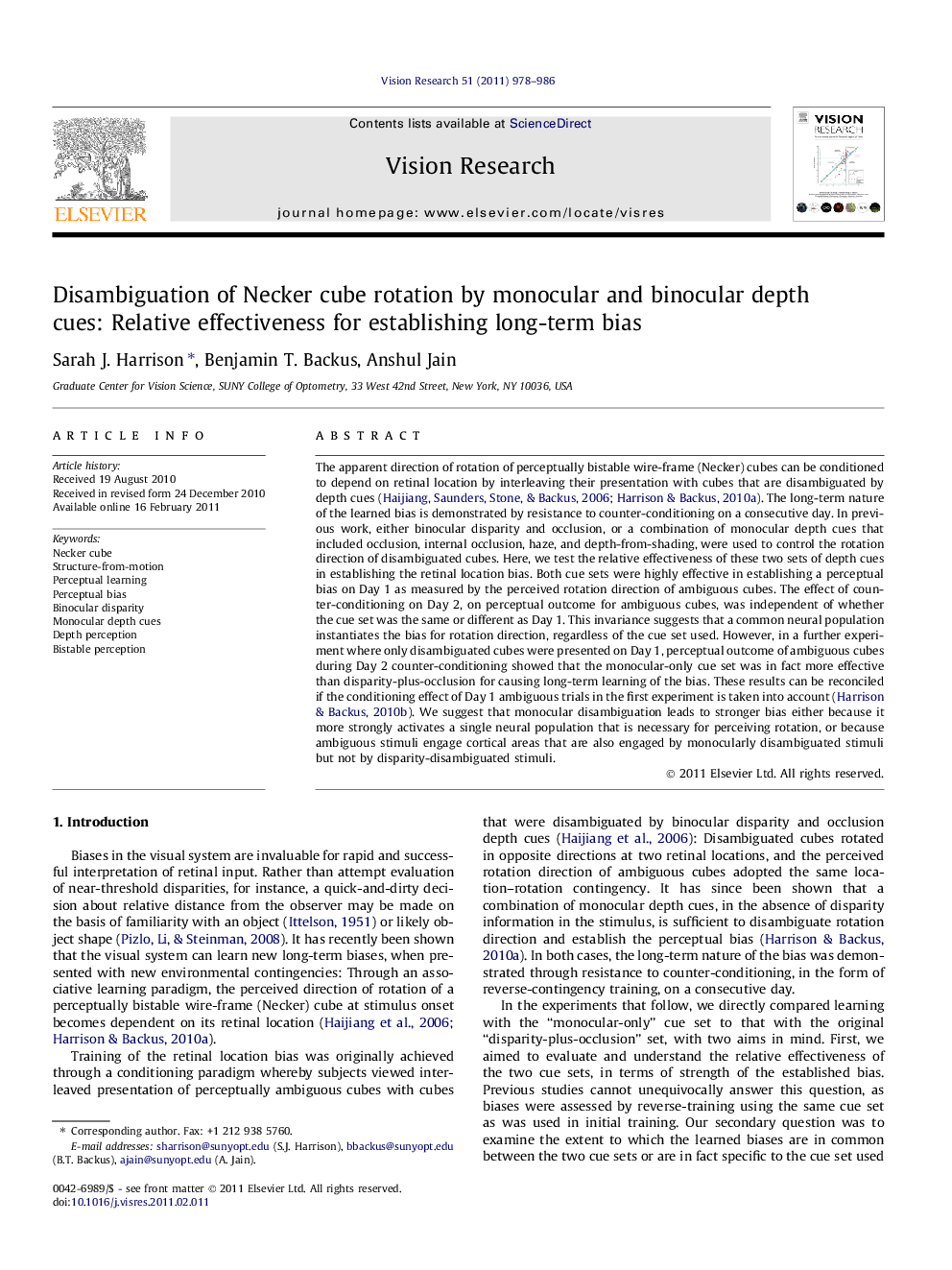 Disambiguation of Necker cube rotation by monocular and binocular depth cues: Relative effectiveness for establishing long-term bias