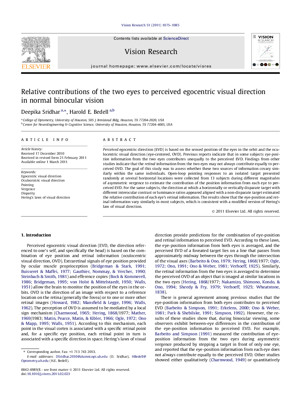 Relative contributions of the two eyes to perceived egocentric visual direction in normal binocular vision