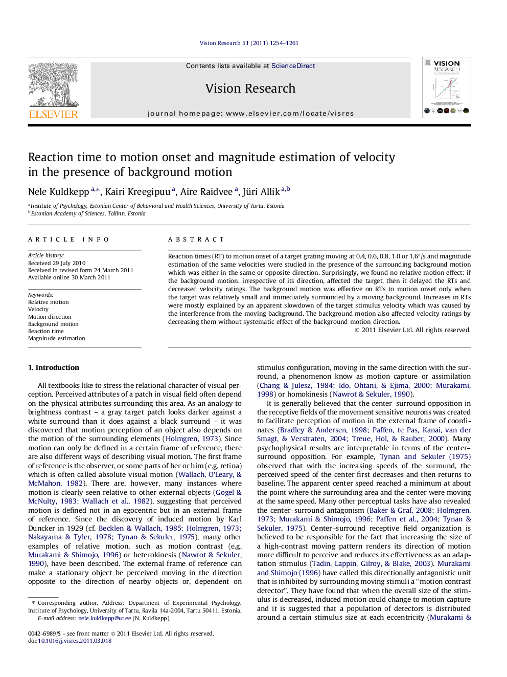 Reaction time to motion onset and magnitude estimation of velocity in the presence of background motion