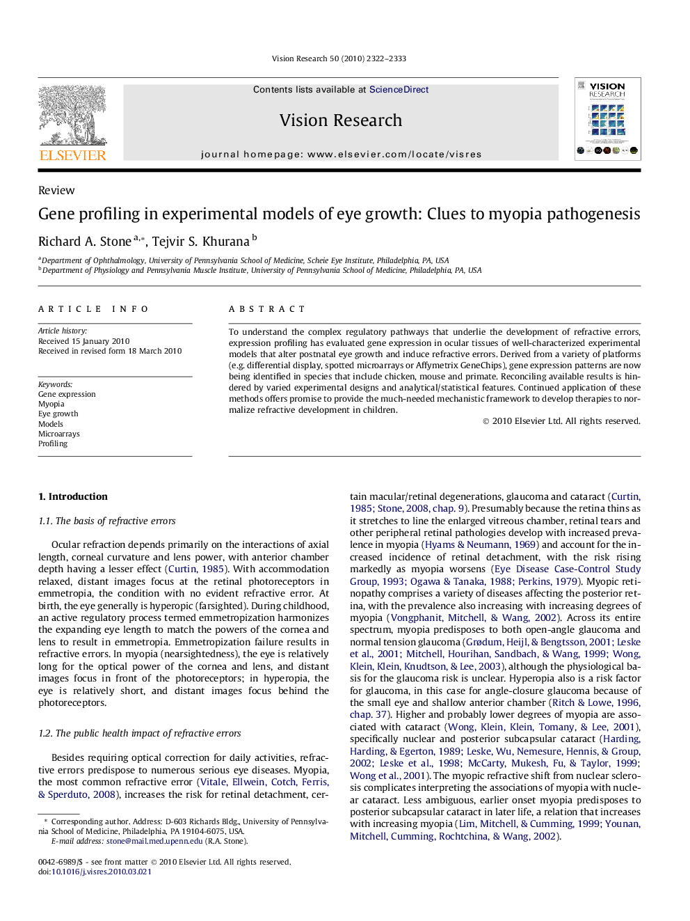 Gene profiling in experimental models of eye growth: Clues to myopia pathogenesis