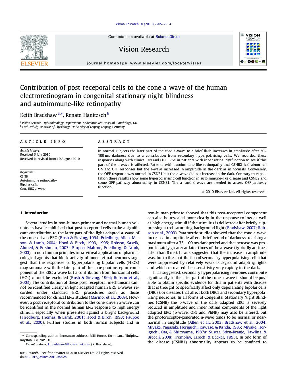 Contribution of post-receporal cells to the cone a-wave of the human electroretinogram in congenital stationary night blindness and autoimmune-like retinopathy