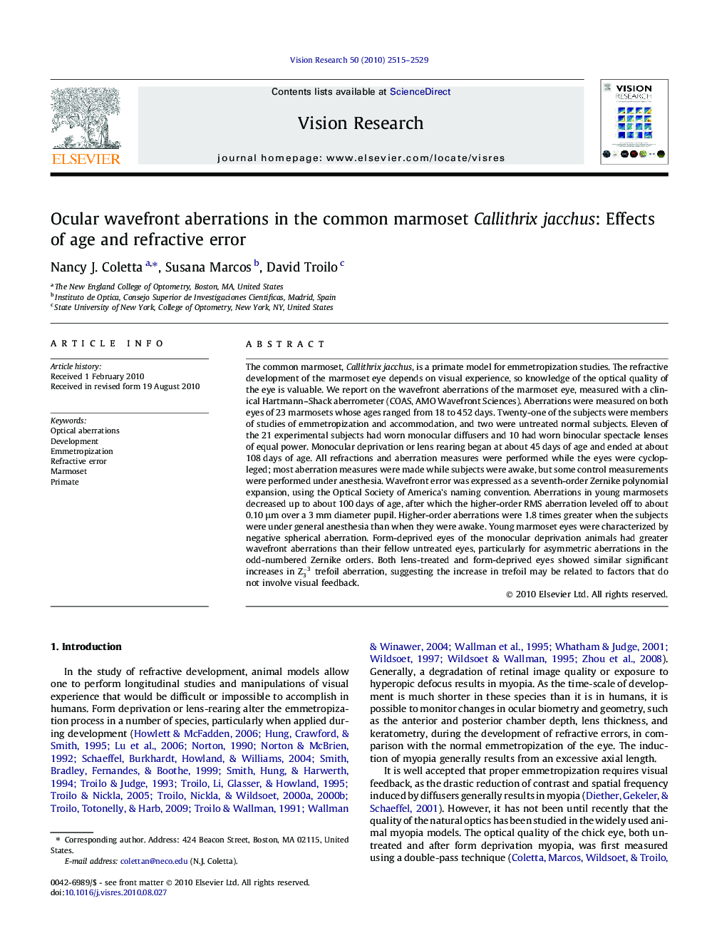 Ocular wavefront aberrations in the common marmoset Callithrix jacchus: Effects of age and refractive error