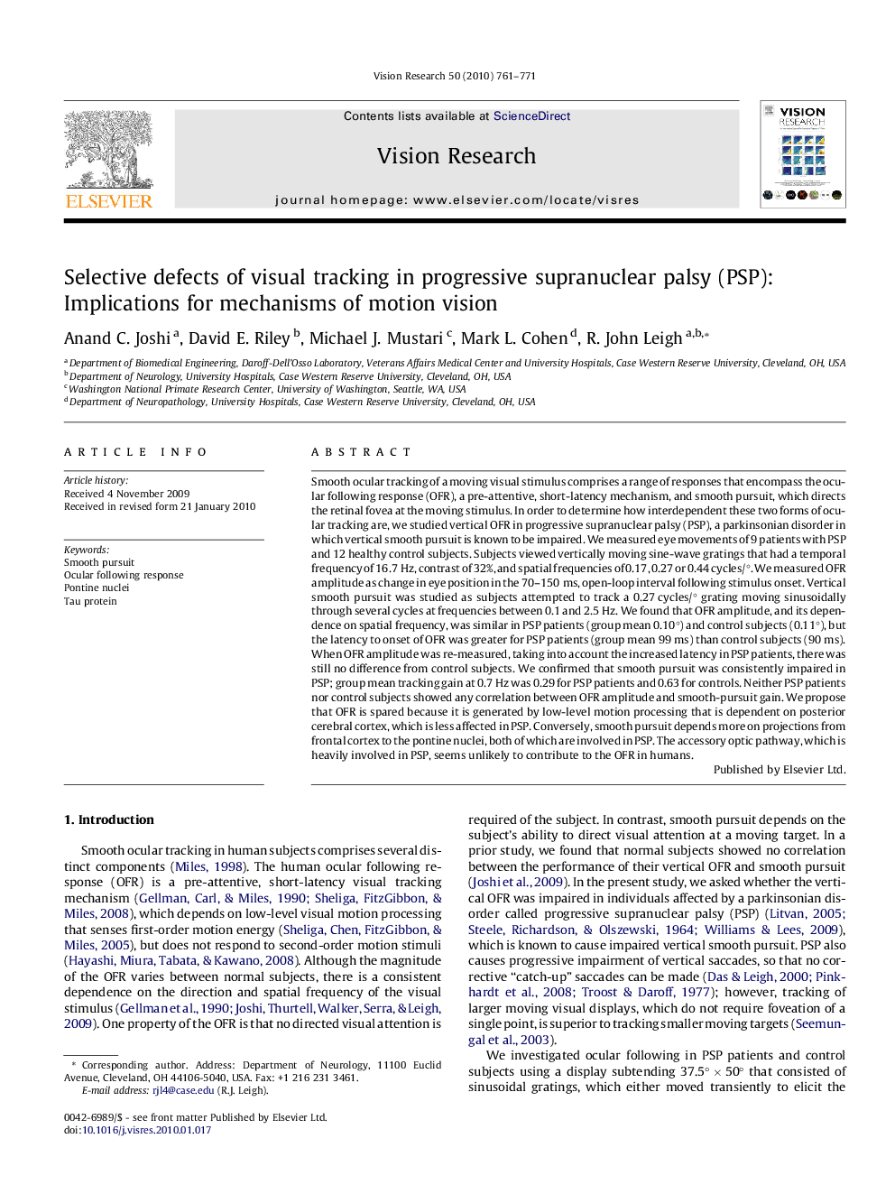 Selective defects of visual tracking in progressive supranuclear palsy (PSP): Implications for mechanisms of motion vision