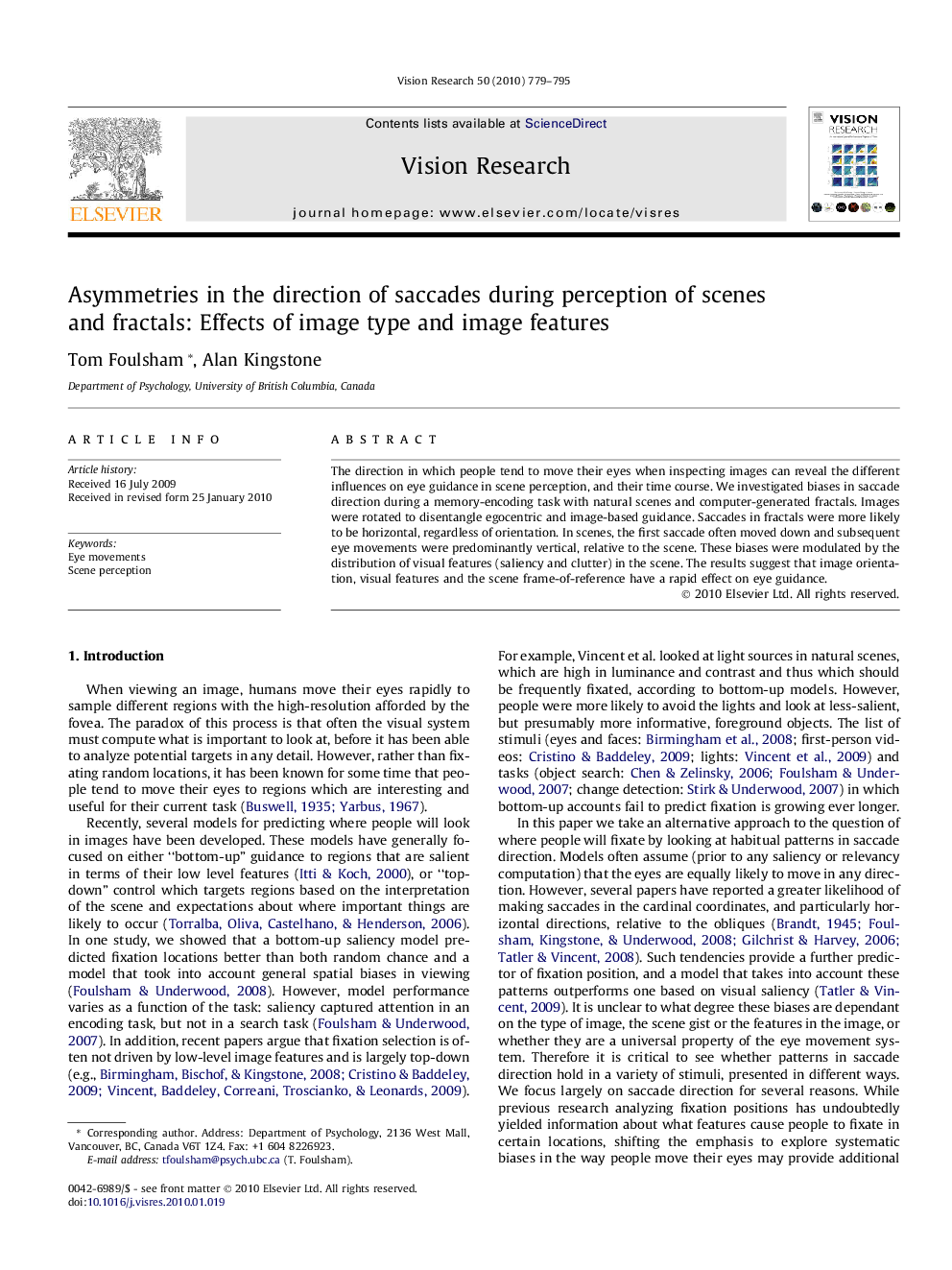 Asymmetries in the direction of saccades during perception of scenes and fractals: Effects of image type and image features