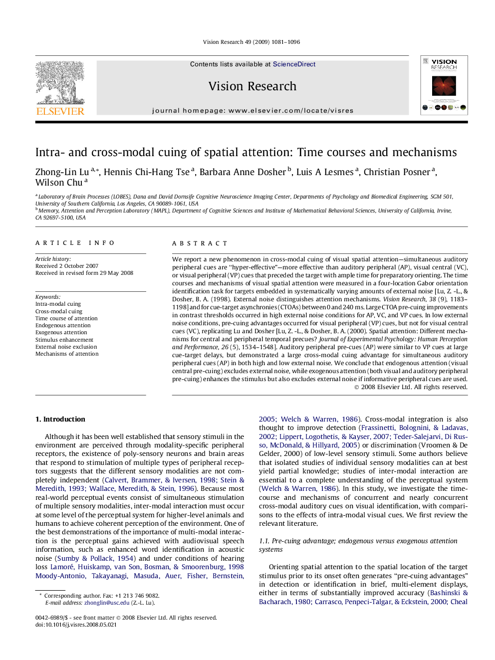 Intra- and cross-modal cuing of spatial attention: Time courses and mechanisms