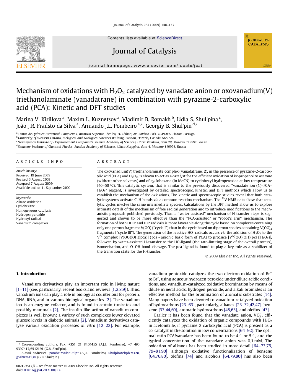 Mechanism of oxidations with H2O2 catalyzed by vanadate anion or oxovanadium(V) triethanolaminate (vanadatrane) in combination with pyrazine-2-carboxylic acid (PCA): Kinetic and DFT studies