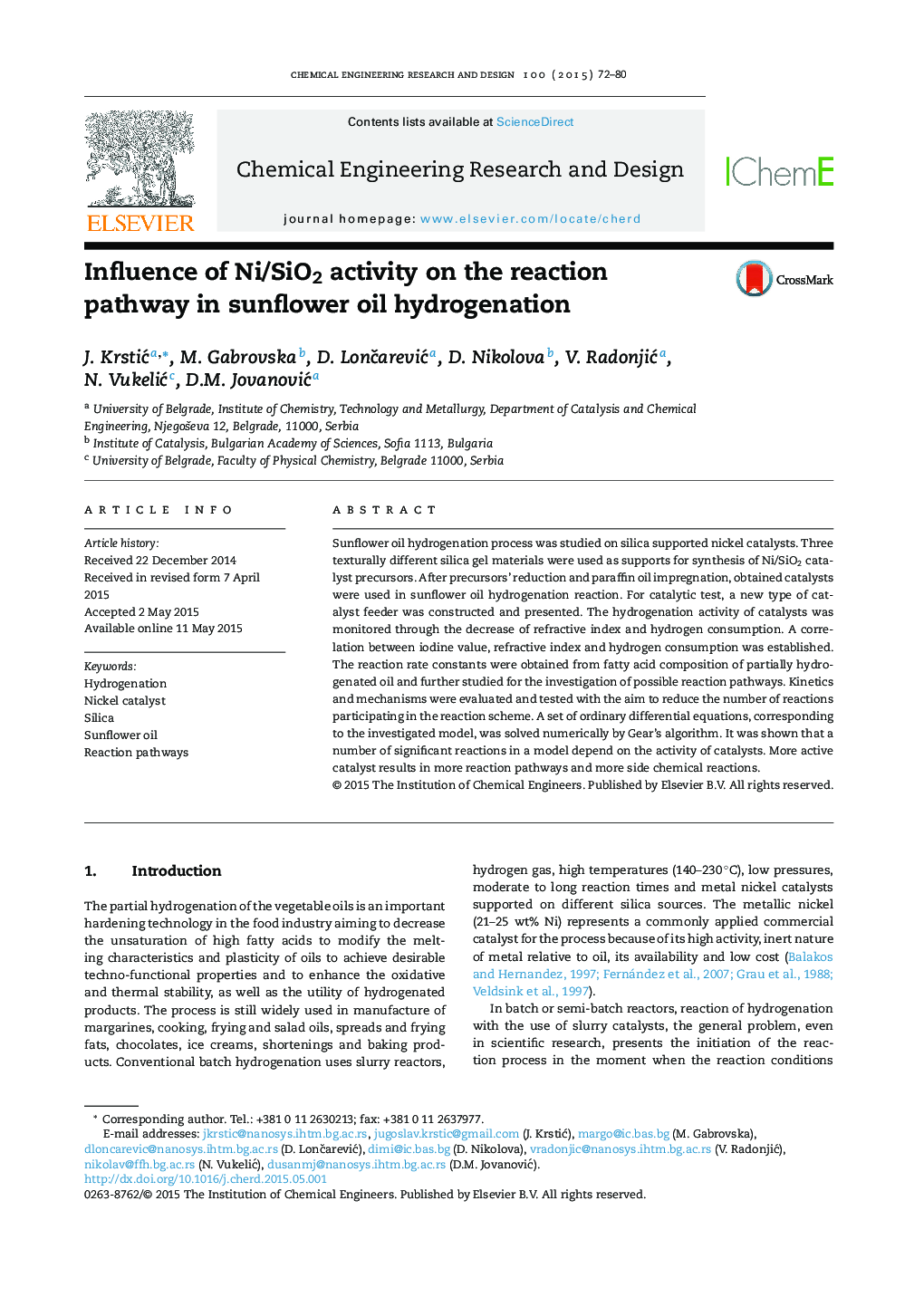 Influence of Ni/SiO2 activity on the reaction pathway in sunflower oil hydrogenation