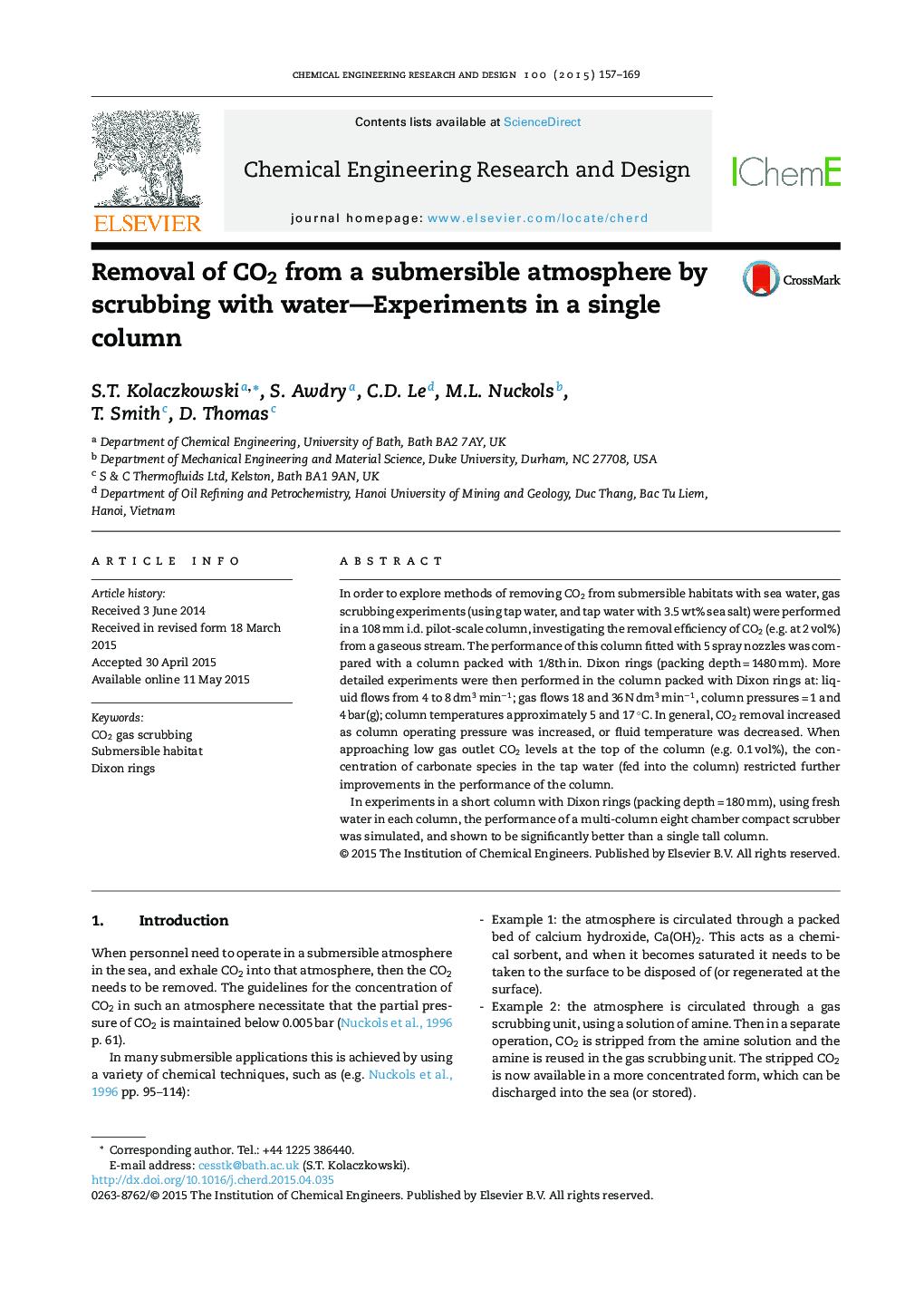 Removal of CO2 from a submersible atmosphere by scrubbing with water-Experiments in a single column