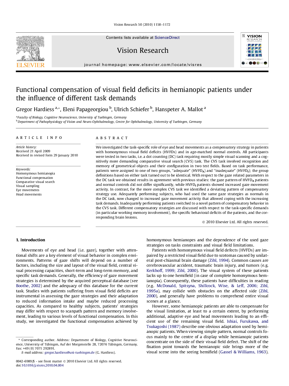 Functional compensation of visual field deficits in hemianopic patients under the influence of different task demands