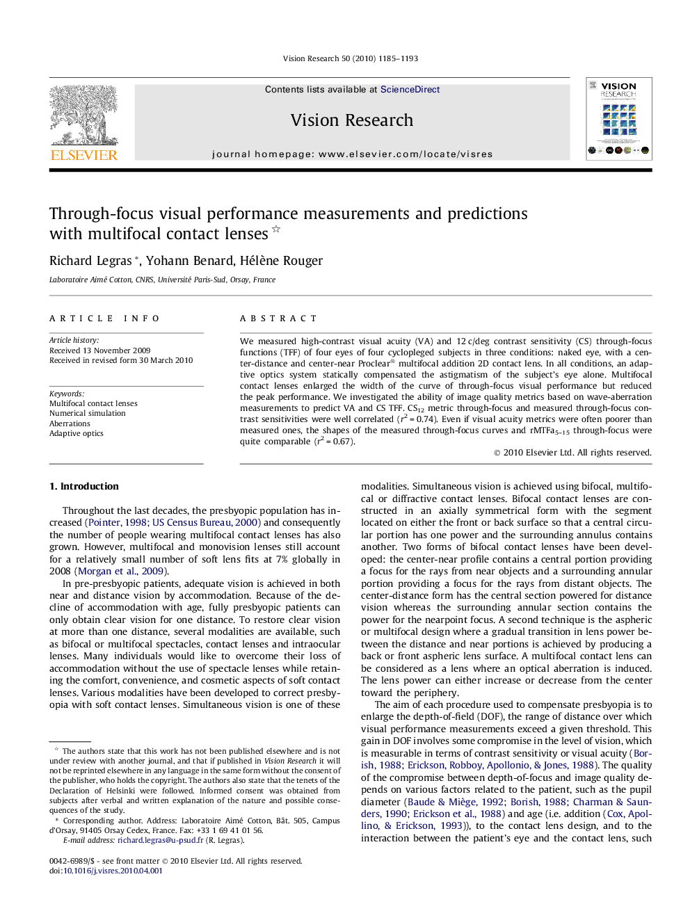 Through-focus visual performance measurements and predictions with multifocal contact lenses