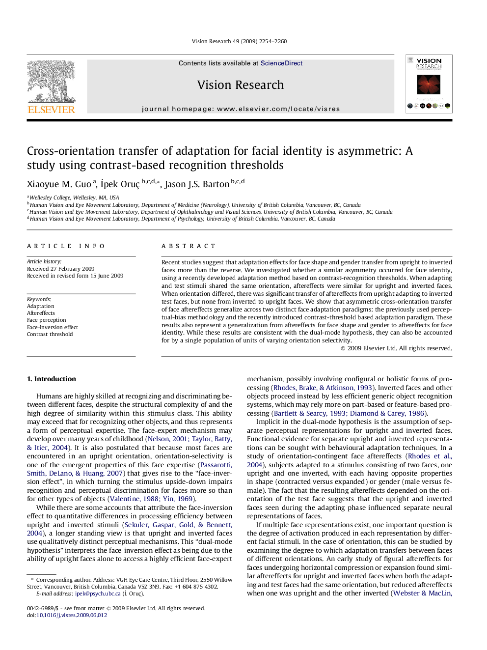 Cross-orientation transfer of adaptation for facial identity is asymmetric: A study using contrast-based recognition thresholds