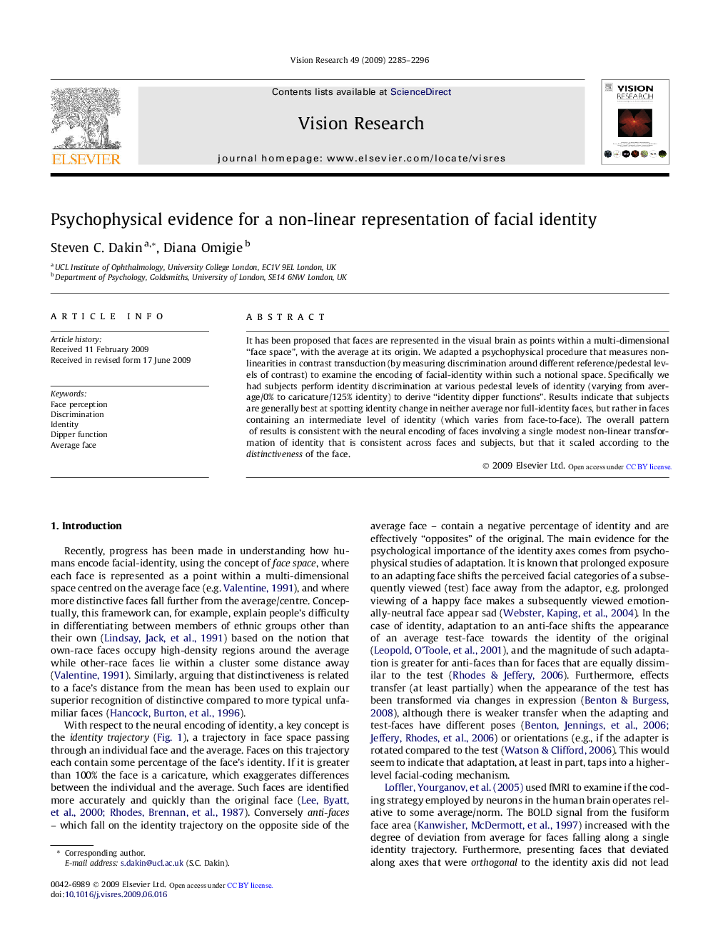 Psychophysical evidence for a non-linear representation of facial identity