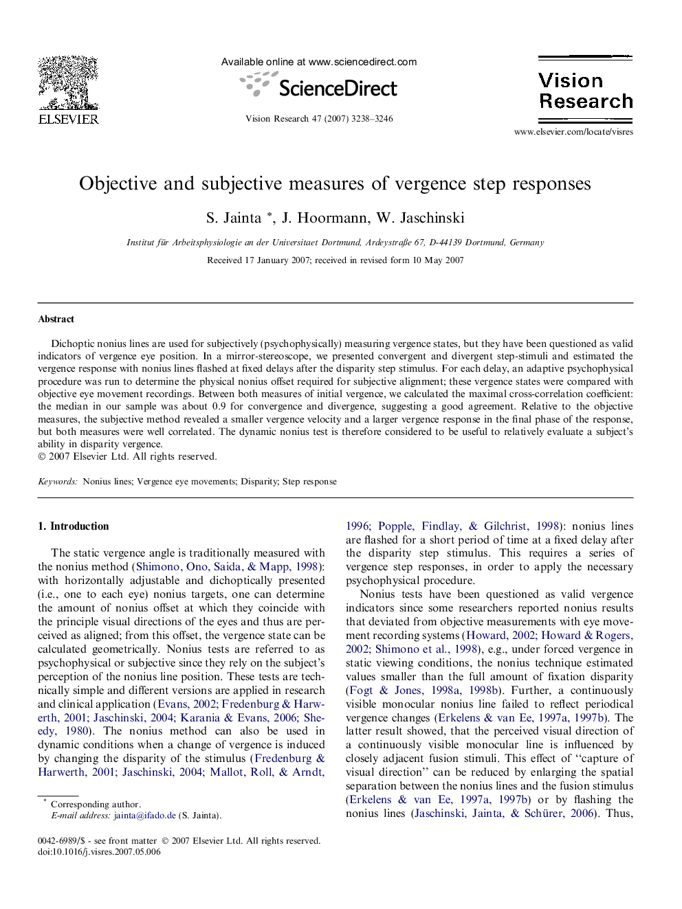 Objective and subjective measures of vergence step responses