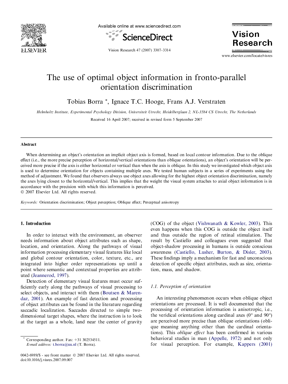 The use of optimal object information in fronto-parallel orientation discrimination