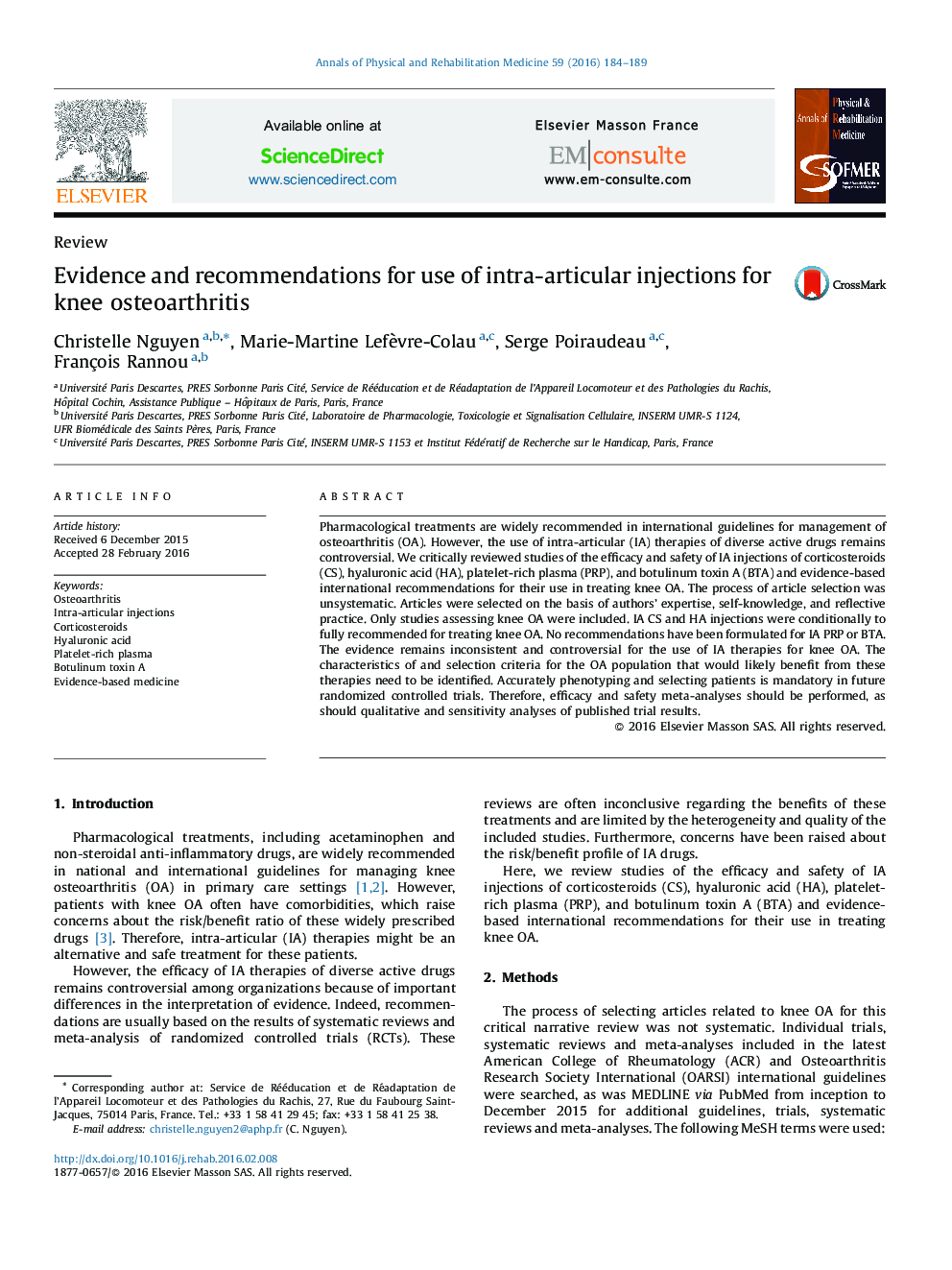 Evidence and recommendations for use of intra-articular injections for knee osteoarthritis