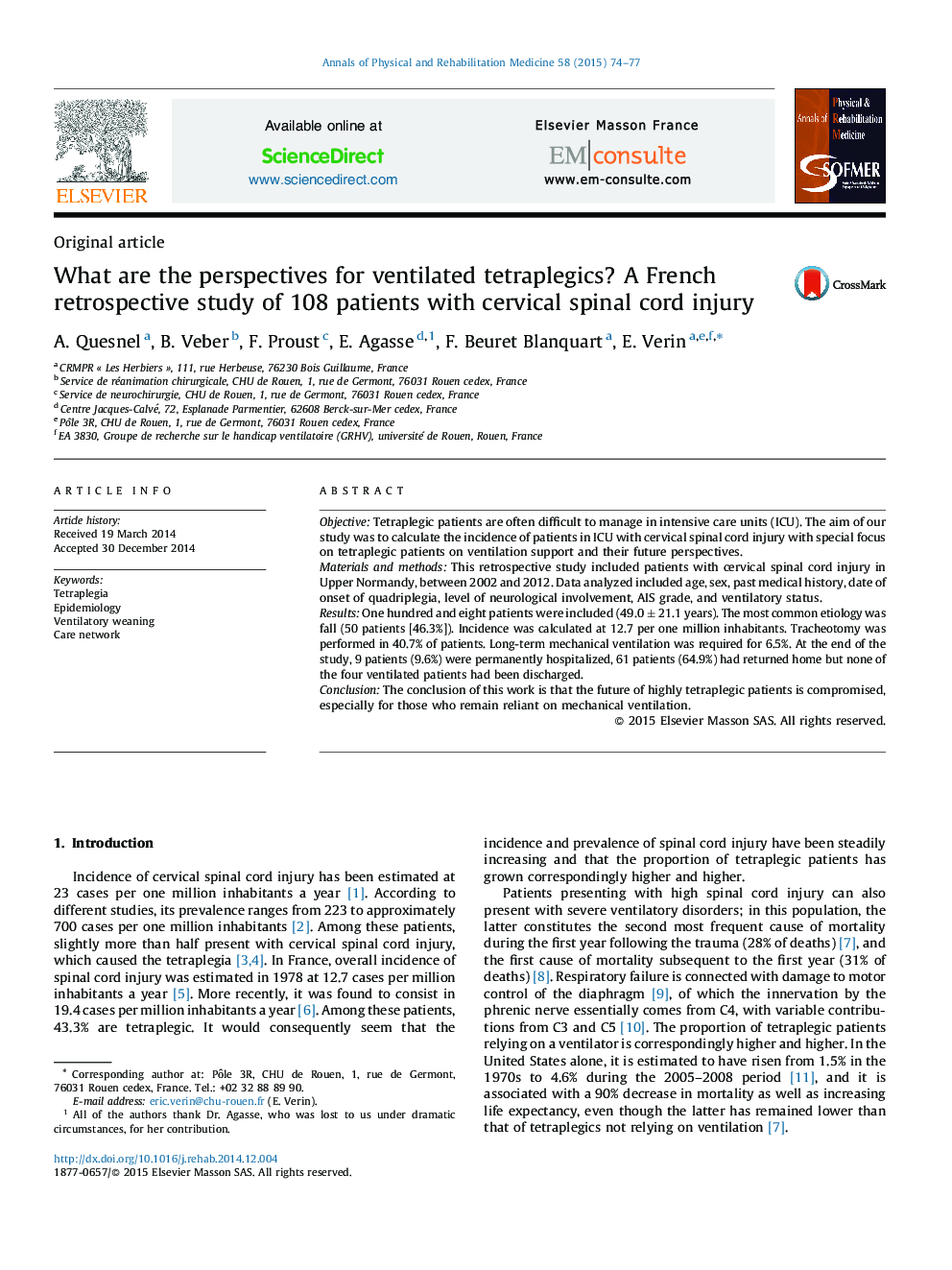 عکس صفحه اول مقاله: What are the perspectives for ventilated tetraplegics? A French retrospective study of 108 patients with cervical spinal cord injury What are the perspectives for ventilated tetraplegics? A French retrospective study of 108 patients with cervical spinal cord injury